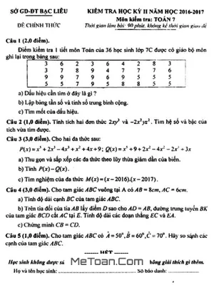 Đề thi HK2 Toán 7 năm học 2016 - 2017 Sở GD&ĐT Bạc Liêu