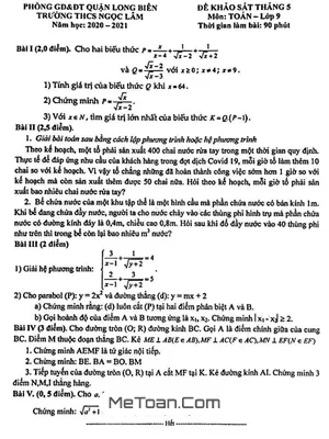 Đề khảo sát Toán 9 tháng 5 năm 2021 trường THCS Ngọc Lâm - Hà Nội
