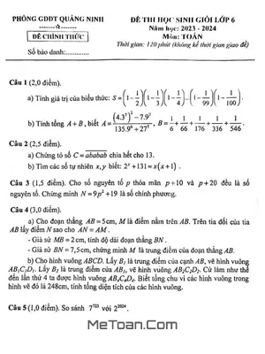 Đề thi học sinh giỏi Toán 6 năm 2023 - 2024 phòng GD&ĐT Quảng Ninh, Quảng Bình