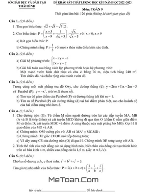 Đề thi học kì 2 Toán 9 năm 2022 - 2023 Sở GD&ĐT Thái Bình