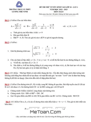Đề thi thử Toán vào lớp 10 lần 1 năm 2022 - 2023 trường Lương Thế Vinh - Hà Nội