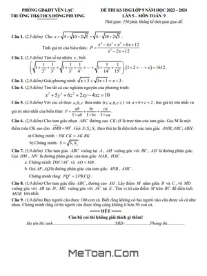 Đề khảo sát HSG Toán 9 lần 5 năm 2023 - 2024 trường Hồng Phương - Vĩnh Phúc