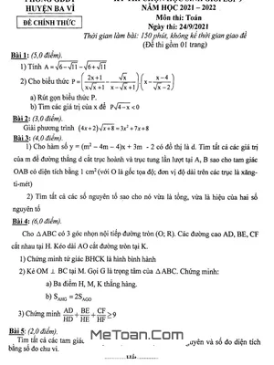 Đề thi HSG Toán 9 năm 2021 - 2022 phòng GD&ĐT Ba Vì - Hà Nội