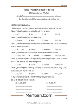 Bộ 5 Đề Thi Cuối Học Kì 2 Môn Toán Lớp 5