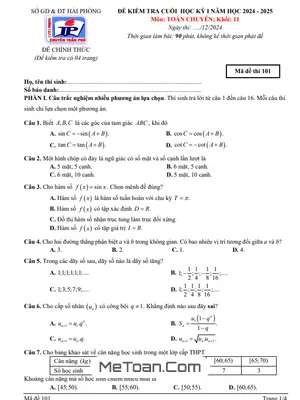 Đề Thi Cuối Kỳ 1 Toán 11 Chuyên Năm 2024 - 2025 Trường Chuyên Trần Phú - Hải Phòng