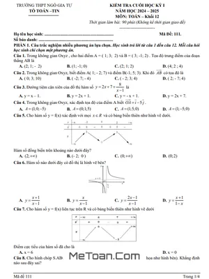 Đề thi học kỳ 1 Toán 12 năm 2024 - 2025 trường THPT Ngô Gia Tự - Đắk Lắk