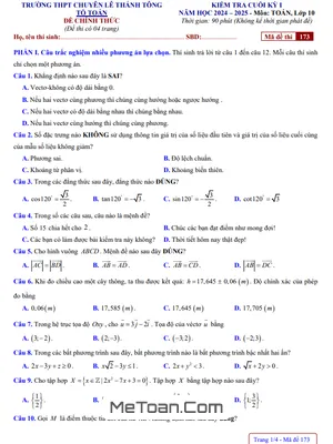 Đề Thi Cuối Kỳ 1 Toán 10 Năm 2024 - 2025 Trường Chuyên Lê Thánh Tông - Quảng Nam