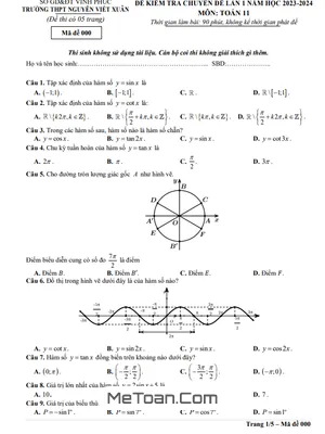 Đề kiểm tra lần 1 Toán 11 năm 2023 - 2024 trường THPT Nguyễn Viết Xuân - Vĩnh Phúc