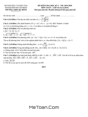 Đề thi học kì 1 Toán 10 năm 2019 - 2020 trường THPT Bà Điểm - TP HCM