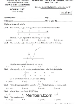 Đề Thi Cuối Kỳ 1 Toán 12 Năm 2022 - 2023 Trường THPT Mạc Đĩnh Chi - TP HCM