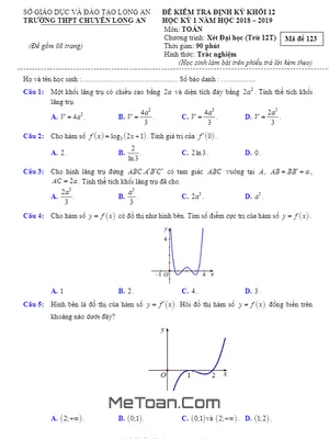 Đề thi học kỳ 1 Toán 12 năm 2018 - 2019 trường THPT chuyên Long An