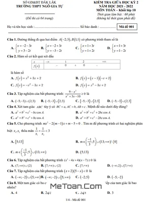 Đề thi giữa HK2 Toán 10 năm 2021 - 2022 trường THPT Ngô Gia Tự - Đắk Lắk