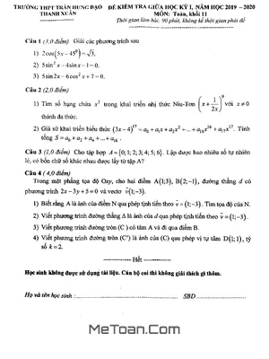 Đề kiểm tra giữa HK1 Toán 11 năm 2019 - 2020 trường Trần Hưng Đạo - Hà Nội