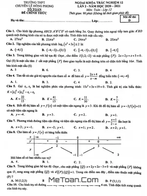 Đề thi thử Toán 12 lần 2 năm 2020-2021 trường chuyên Lê Hồng Phong - TP.HCM