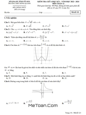 Đề Thi Giữa Học Kì 1 Toán 12 Năm 2023 - 2024 Trường THPT Hồng Quang - Yên Bái