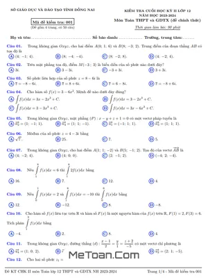 Đề thi Toán 12 cuối kỳ 2 năm 2023 - 2024 sở GD&ĐT Đồng Nai