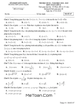 Đề thi học kỳ 2 Toán 12 năm 2018 - 2019 trường Long Thạnh - Kiên Giang
