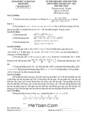 Đề thi chọn HSG tỉnh Toán 10 THPT năm 2017 - 2018 sở GD&ĐT Hải Dương