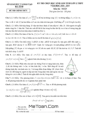 Đề thi chọn học sinh giỏi tỉnh Toán 12 THPT năm 2020 - 2021 Sở GD&ĐT Hà Tĩnh