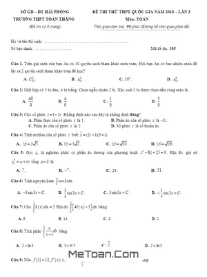 Đề Thi Thử Toán THPT Quốc Gia 2018 Trường THPT Toàn Thắng - Hải Phòng Lần 3