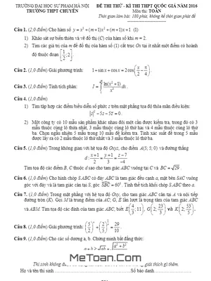 Đề thi thử Toán THPT Quốc gia 2016 lần 2 trường Chuyên ĐHSP Hà Nội - Có đáp án