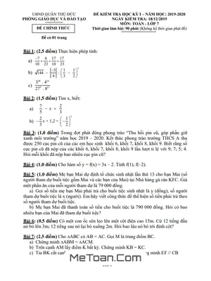 Đề thi học kỳ 1 Toán 7 năm 2019 - 2020 phòng GD&ĐT Thủ Đức - TP HCM