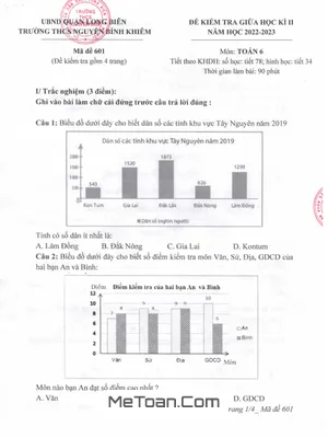 Đề thi giữa học kỳ 2 Toán lớp 6 năm 2022 - 2023 trường THCS Nguyễn Bỉnh Khiêm - Hà Nội