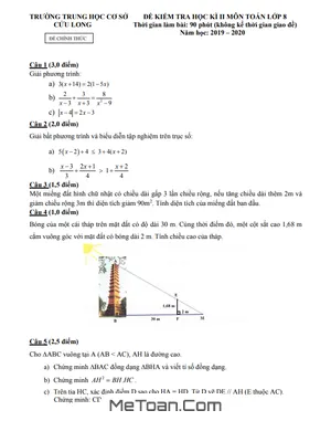 Đề thi học kì 2 Toán 8 năm 2019 - 2020 trường THCS Cửu Long - TP. HCM (có đáp án)