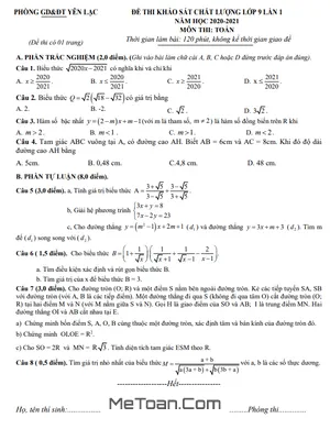 Đề KSCL Toán 9 Lần 1 Năm Học 2020-2021 Phòng GD&ĐT Yên Lạc, Vĩnh Phúc (Có Đáp Án)