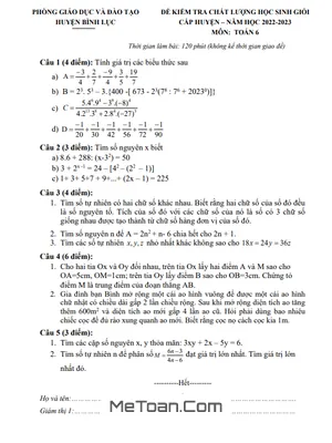 Đề thi học sinh giỏi Toán 6 năm 2022 - 2023 phòng GD&ĐT Bình Lục - Hà Nam