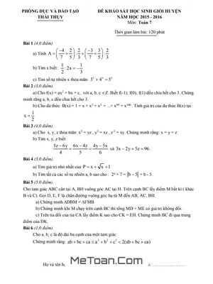 Đề khảo sát HSG huyện Toán lớp 7 năm 2015 - 2016 phòng GD&ĐT Thái Thụy - Thái Bình