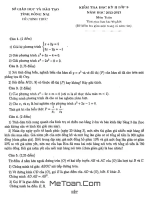 Đề thi học kì 2 Toán 9 năm 2022 - 2023 Sở GD&ĐT Đồng Nai có lời giải