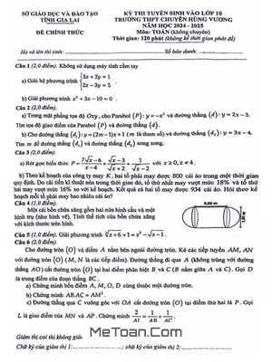 Đề thi vào lớp 10 môn Toán trường chuyên Hùng Vương - Gia Lai năm 2024 - 2025