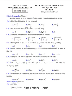 Đề thi thử Toán vào lớp 10 năm 2023 - 2024 phòng GD&ĐT thành phố Nam Định