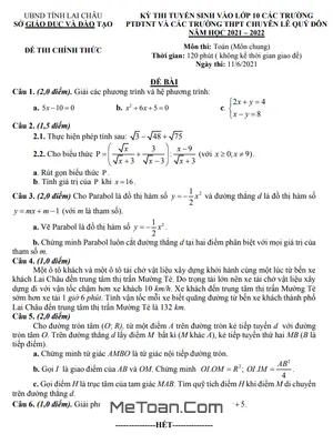 Đề thi vào 10 môn Toán (chung) trường Chuyên Lê Quý Đôn - Lai Châu năm 2021 - 2022 có lời giải