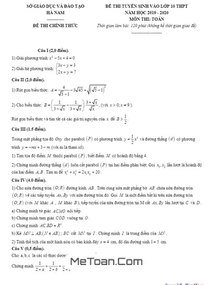 Đề thi và đáp án môn Toán tuyển sinh lớp 10 THPT năm 2019 - 2020 sở GD&ĐT Hà Nam
