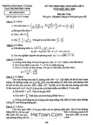 Đề thi HSG Toán 9 năm 2023 - 2024 phòng GD&ĐT thành phố Vinh - Nghệ An