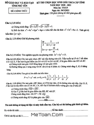 Đề thi HSG Toán 9 cấp tỉnh năm 2020 - 2021 - Sở GD&ĐT Phú Yên