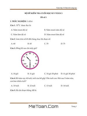 Bộ 10 Đề Thi Cuối Học Kì 1 Môn Toán Lớp 3 (Chân Trời Sáng Tạo)