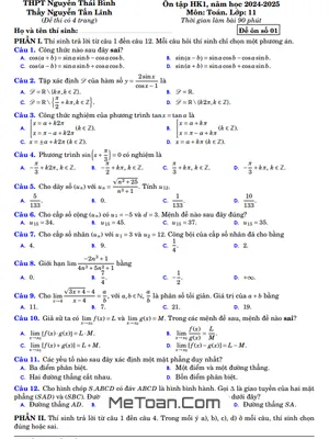 Đề ôn tập HK1 Toán 11 năm 2024 - 2025 trường THPT Nguyễn Thái Bình - TP HCM