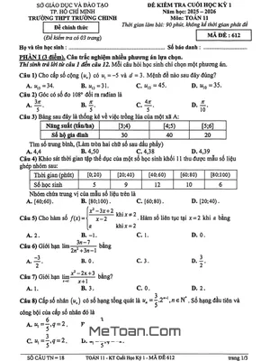 Đề thi cuối học kỳ 1 Toán 11 năm học 2025 - 2026 trường THPT Trường Chinh - TP.HCM