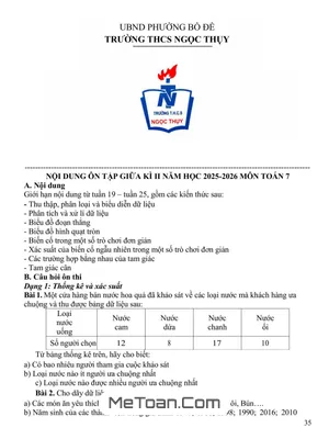 Ôn tập giữa học kì 2 Toán 7 năm 2025 – 2026 trường THCS Ngọc Thụy – Hà Nội