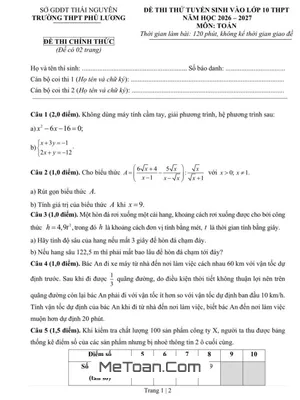 Đề Thi Thử Lớp 10 Toán 2026-2027 Trường THPT Phú Lương, Thái Nguyên Kèm Đáp Án Chi Tiết
