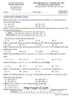Đề cuối học kì 1 Toán 10 năm 2023 – 2024 trường THPT Lê Lợi – Quảng Trị