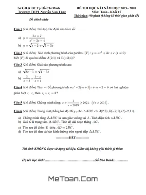 Đề thi HK1 Toán 10 năm 2019 - 2020 trường THPT Nguyễn Văn Tăng - TP HCM