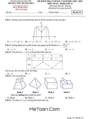 Đề thi học kỳ 1 Toán 12 năm 2022 – 2023 trường THPT Hướng Hóa có đáp án