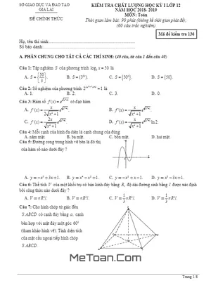 Đề thi học kỳ 1 Toán 12 năm học 2018 – 2019 sở GD&ĐT Gia Lai
