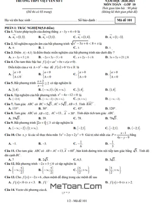 Đề thi giữa kỳ 2 Toán 10 năm 2020 - 2021 trường THPT Việt Yên 1 - Bắc Giang