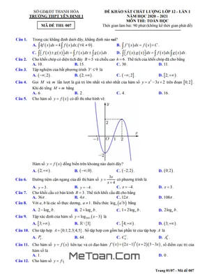 Đề KSCL Toán 12 Lần 1 Năm 2020 - 2021 Trường Yên Định 1 - Thanh Hóa