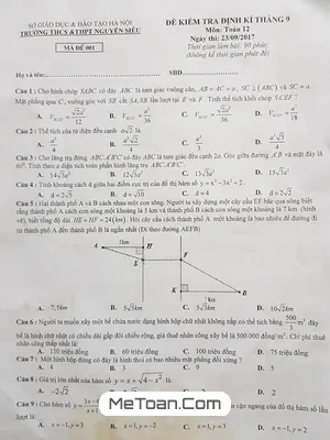 Đề kiểm tra định kỳ tháng 9 môn Toán 12 trường THCS & THPT Nguyễn Siêu – Hà Nội